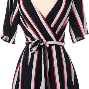 Black Romper with Bold White and Red Stripes